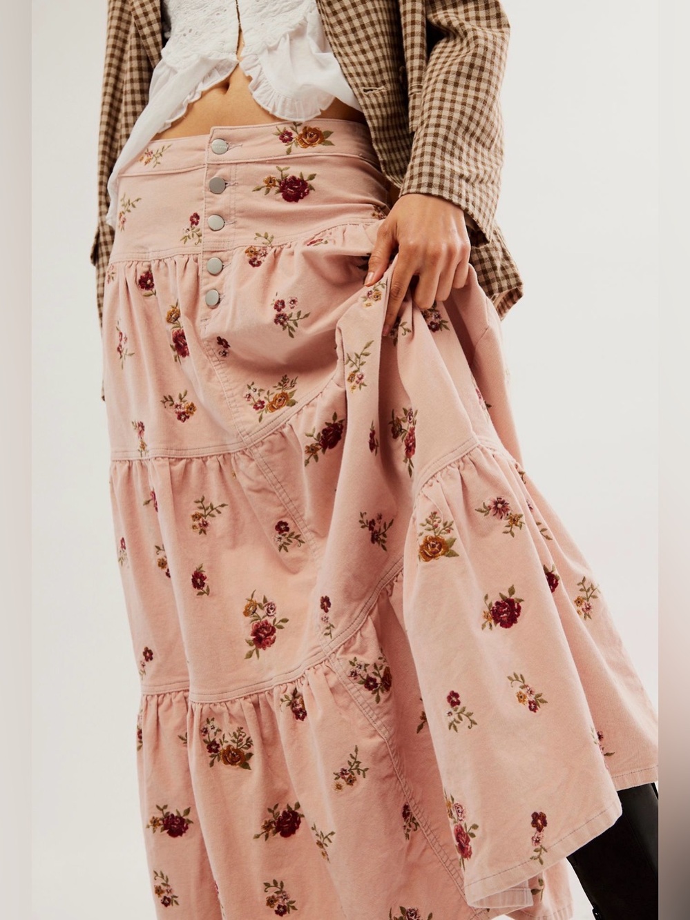 Free People x Driftwood Cord Maxi Skirt XS Rose New W/O Tags Embroidered 🌹